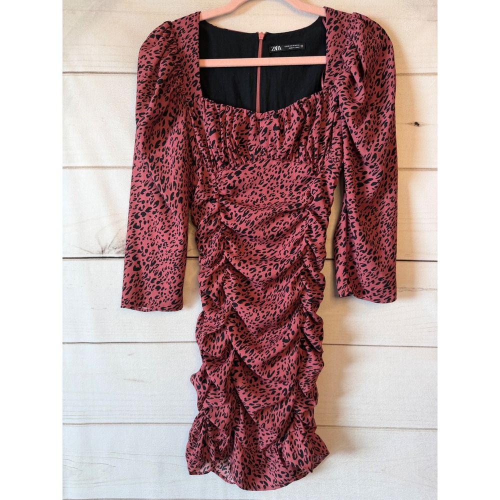 Zara Pink Black Leopard Animal Print Ruched Puff Sleeve Mini Dress XS